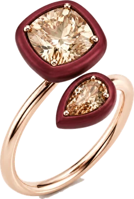 Rose gold and burgundy titanium ring with two cushion cut cognac diamonds