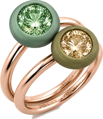 Rose gold double ring with green tourmaline and champagne stone in titanium