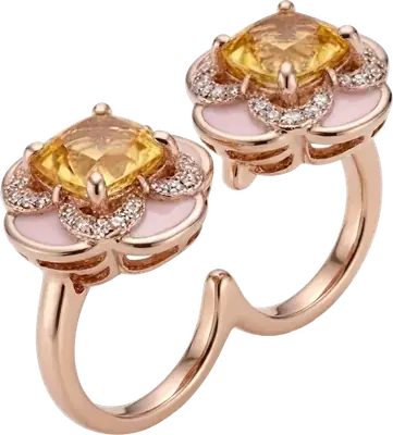 Rose gold double ring with cushion cut yellow sapphires and pink enamel