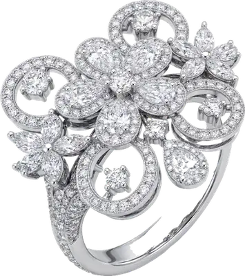 White gold floral cluster ring with pear, marquise and brilliant cut diamonds