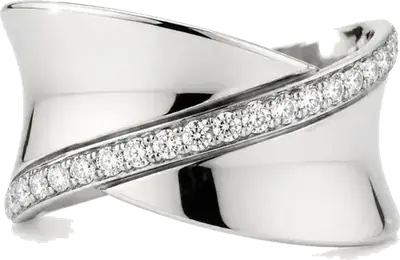 White gold crossover ring with a single row of pave diamonds