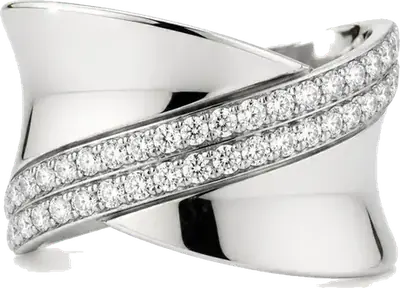 White gold crossover ring with two rows of pave diamonds