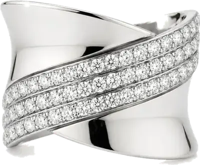 White gold crossover ring with three rows of pave diamonds