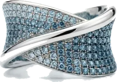 White gold crossover ring pave set with blue sapphires