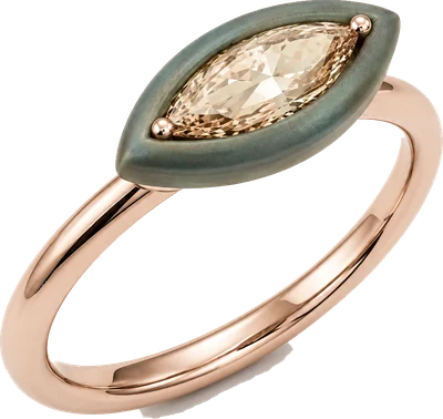 Rose gold and sage titanium marquise ring with champagne diamond