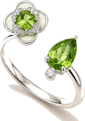 White gold open ring with peridot, mother of pearl and diamonds