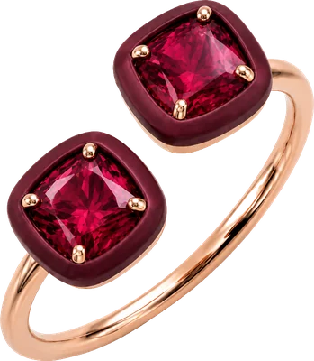 Rose gold and burgundy titanium ring with two cushion cut rubies