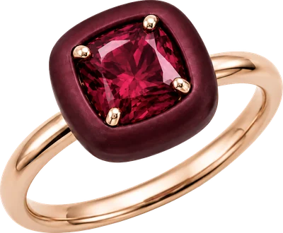 Rose gold and burgundy titanium ring with cushion cut ruby