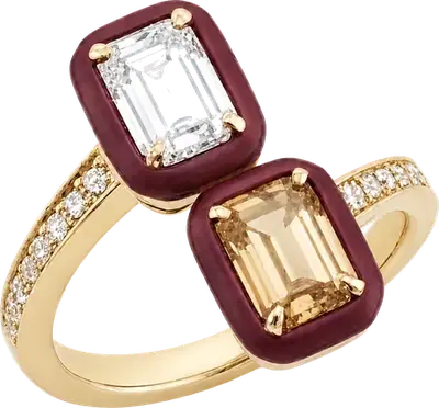 Yellow gold toi et moi ring with emerald cut white and cognac diamonds in burgundy enamel