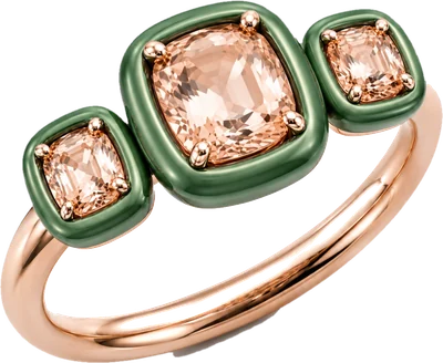 Rose gold and green titanium ring with three peach sapphires