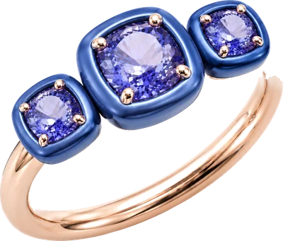 Rose gold and blue titanium ring with three violet sapphires