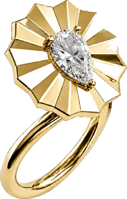 Yellow gold fluted fan ring with pear cut diamond