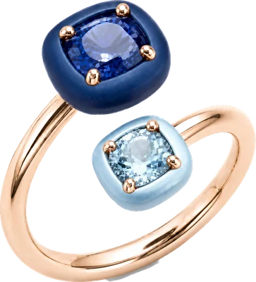Rose gold ring with blue sapphire and aquamarine set in two tones of titanium