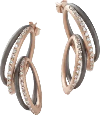 Rose gold and titanium hoop earrings with pave diamonds