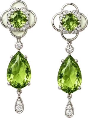 White gold earrings with peridot, mother of pearl and diamonds